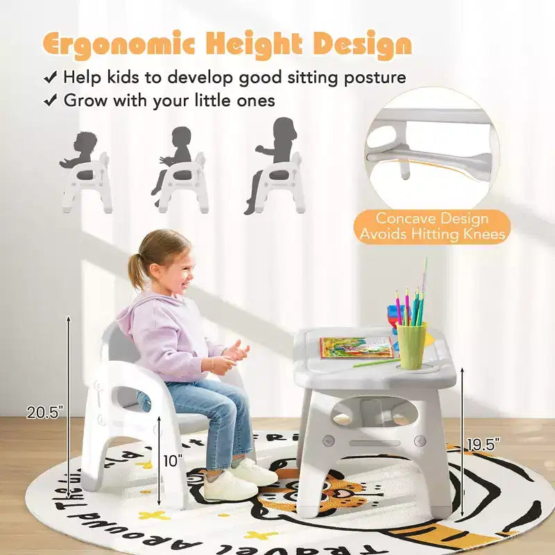 Set di tavolo e sedie per bambini "Dinosauro grigio e bianco", 2 pezzi, età 1-5 anni