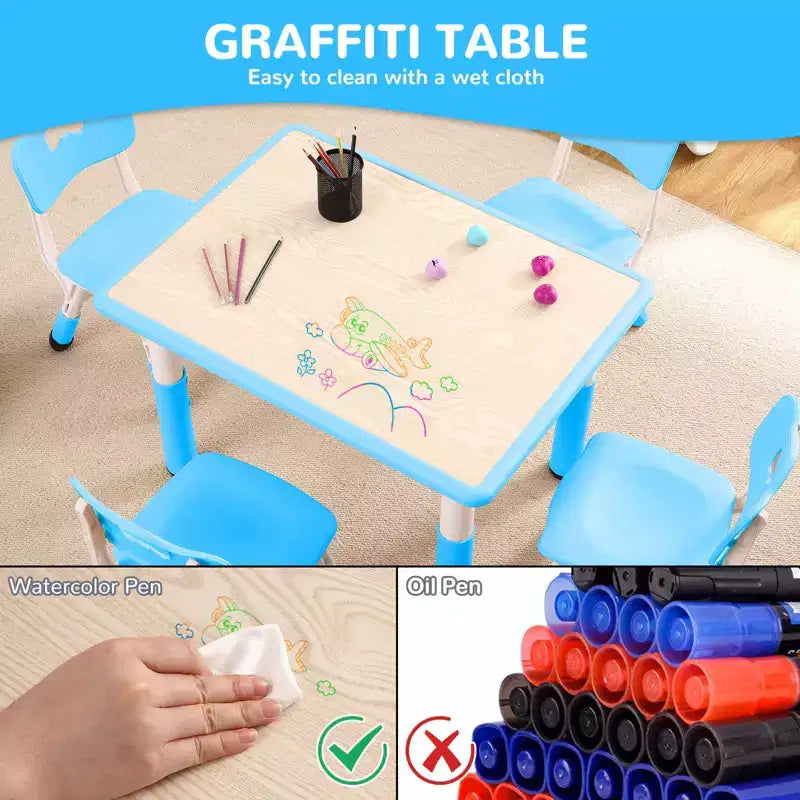 Set tavolo rettangolare bianco per bambini e 4 sedie, regolabile in altezza, età 2–10 anni, 5 pezzi