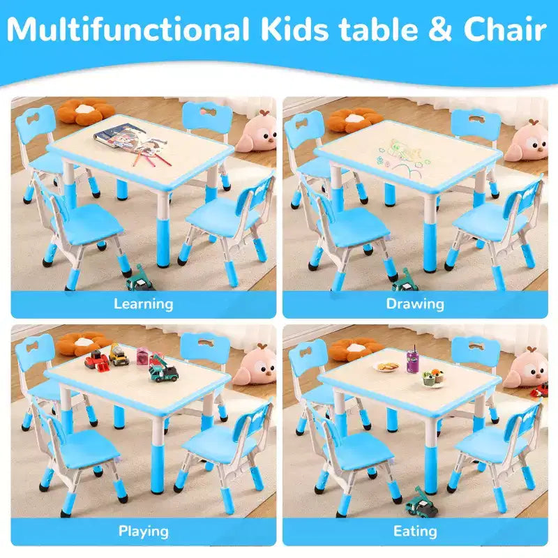 Set tavolo rettangolare bianco per bambini e 4 sedie, regolabile in altezza, età 2–10 anni, 5 pezzi