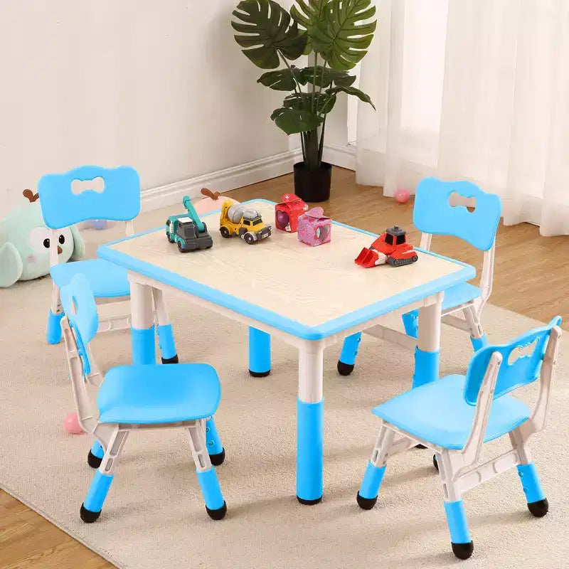 Set tavolo rettangolare bianco per bambini e 4 sedie, regolabile in altezza, età 2–10 anni, 5 pezzi