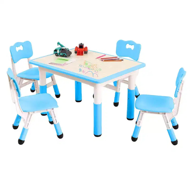 Set tavolo rettangolare bianco per bambini e 4 sedie, regolabile in altezza, età 2–10 anni, 5 pezzi