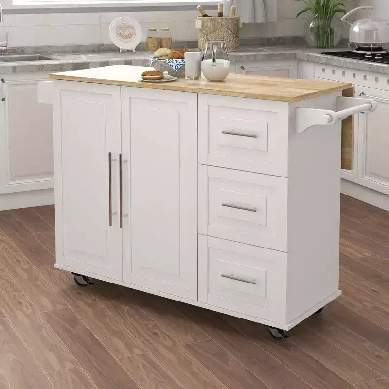 MAYEERTY White Kitchen Island, Extensible Solid Wood Top Spice Rack Towel Rack