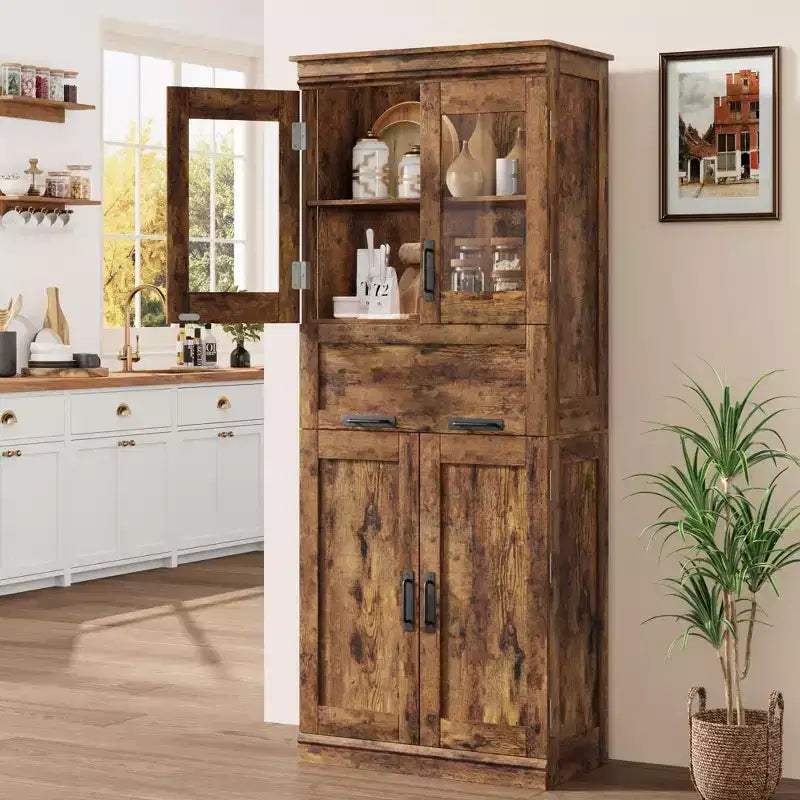 Dispensa in Legno Bianco con Ante a Vetro, 2 Ante 1 Cassetto