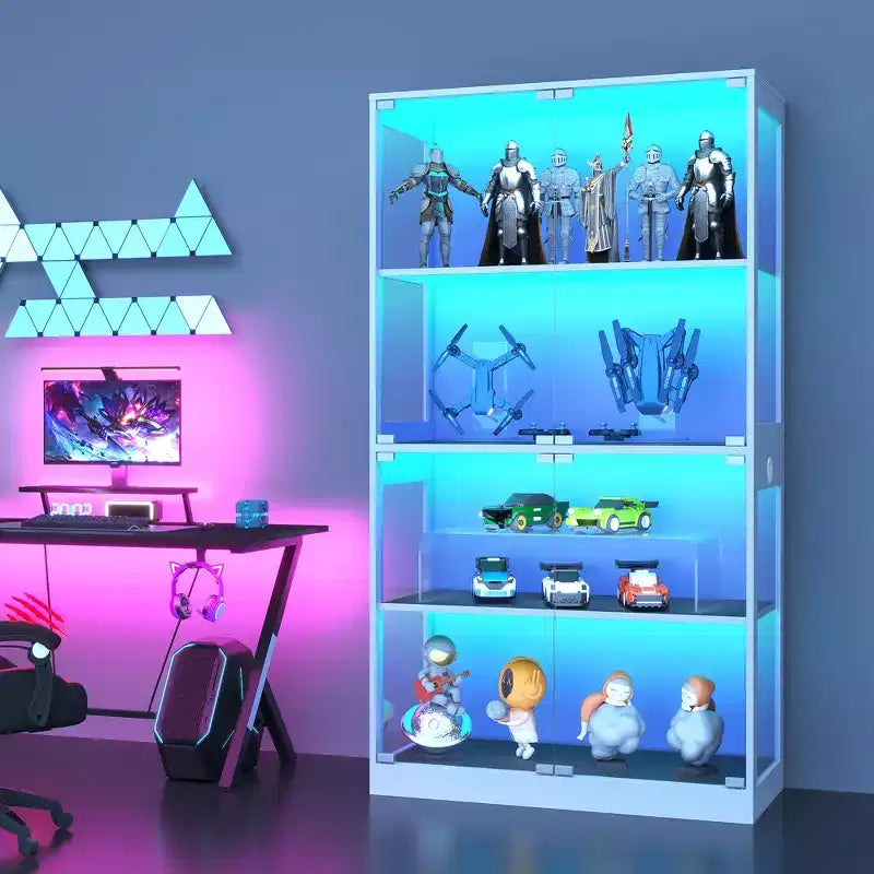 Glass Display Cabinet 4-Tier, Curio Cabinets with Glass Doors, Storage Cabinet with 3 Color Lights, Human Body Sensor & Charging Ports