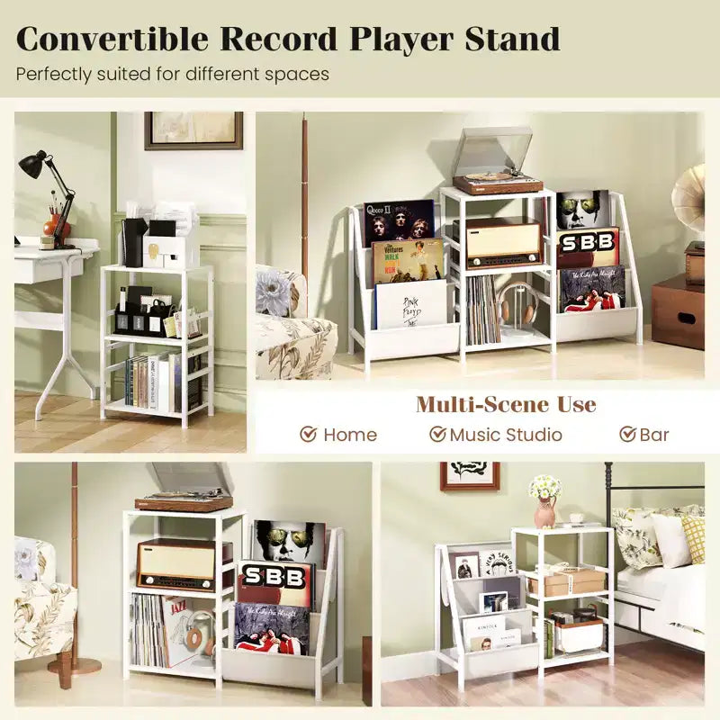 Costway Mobiletto Porta Giradischi con Portadischi in Vinile, Tavolino Espositore per Giradischi con 3 Ripiani