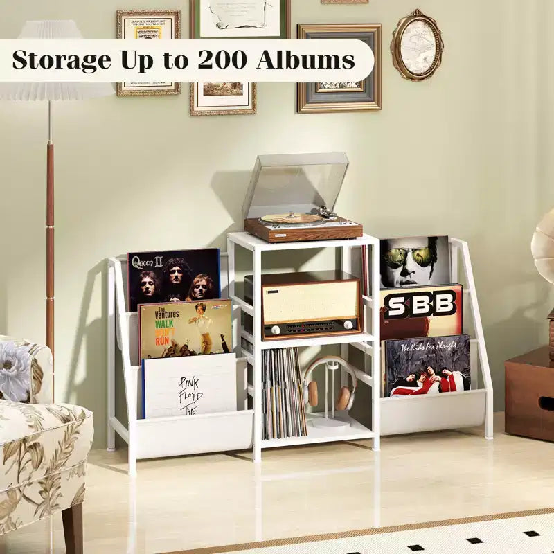 Costway Mobiletto Porta Giradischi con Portadischi in Vinile, Tavolino Espositore per Giradischi con 3 Ripiani