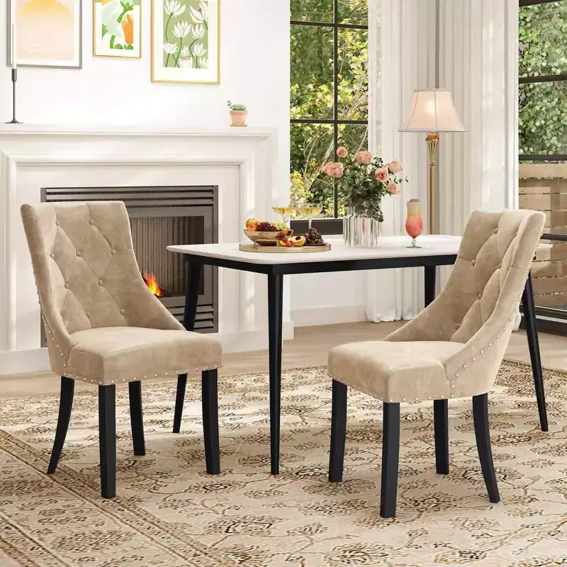 Sedie da pranzo Wingback color crema, con bottoni, set da 4