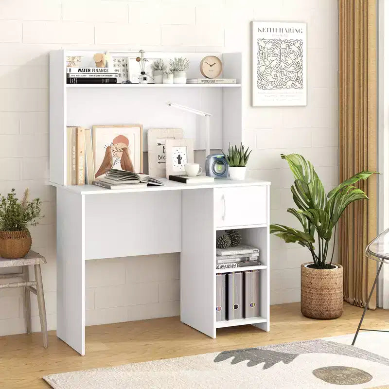 Scrivania singola per computer bianca con libreria, 2 ripiani aperti e armadietto