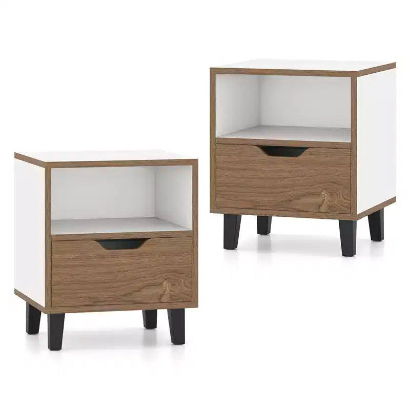 Comodino bianco e naturale per 2 persone con cassetto e ripiano aperto