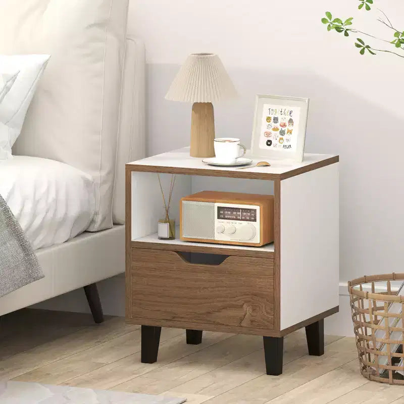 Comodino bianco e naturale per 2 persone con cassetto e ripiano aperto