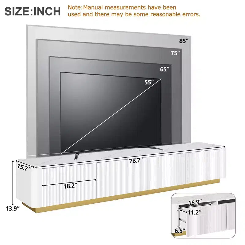 Mobile TV scanalato bianco/nero con base dorata, console multimediale a 4 cassetti, adatto per TV fino a 85"
