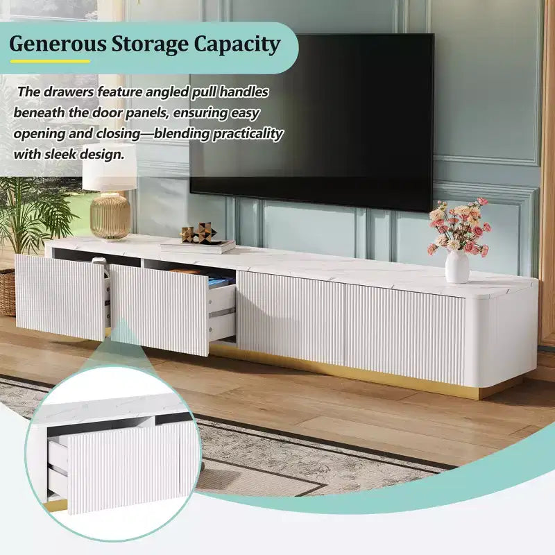 Mobile TV scanalato bianco/nero con base dorata, console multimediale a 4 cassetti, adatto per TV fino a 85"