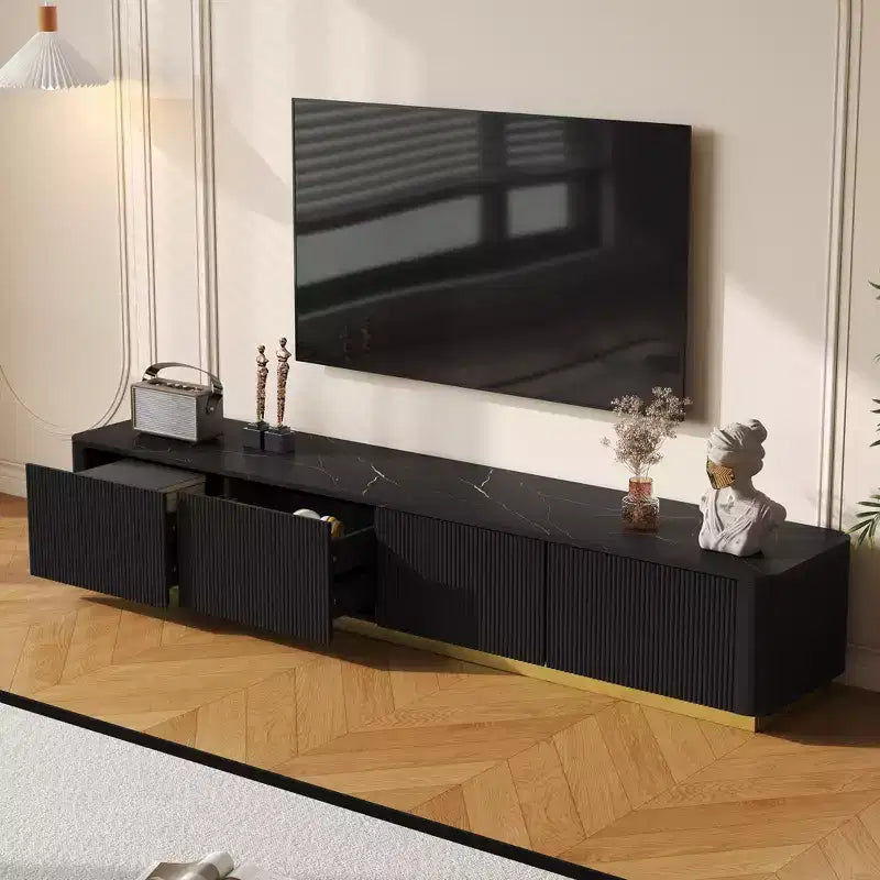 Mobile TV scanalato bianco/nero con base dorata, console multimediale a 4 cassetti, adatto per TV fino a 85"