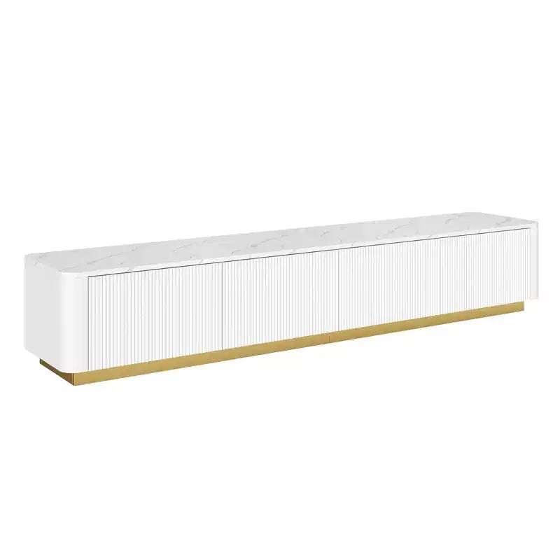 Mobile TV scanalato bianco/nero con base dorata, console multimediale a 4 cassetti, adatto per TV fino a 85"