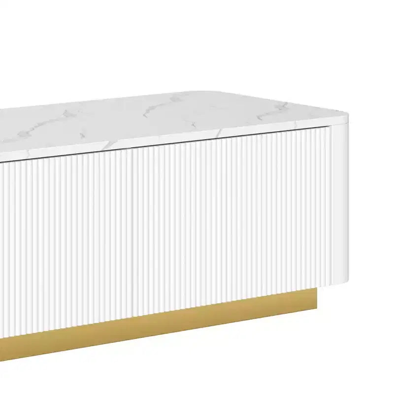 Mobile TV scanalato bianco/nero con base dorata, console multimediale a 4 cassetti, adatto per TV fino a 85"