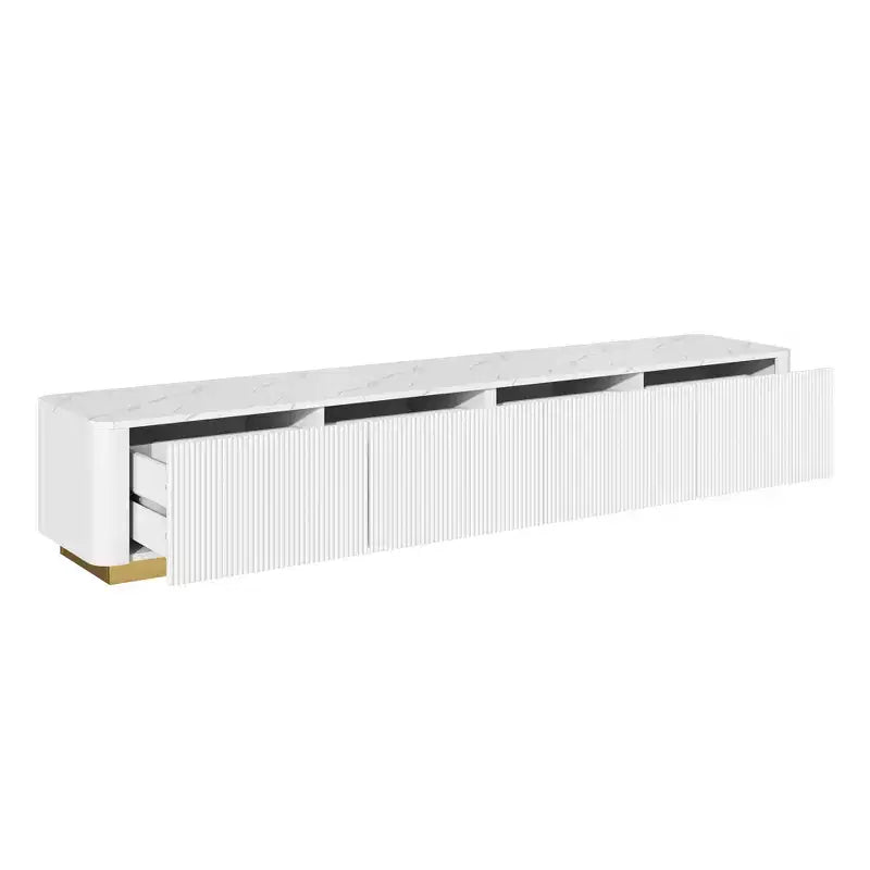 Mobile TV scanalato bianco/nero con base dorata, console multimediale a 4 cassetti, adatto per TV fino a 85"