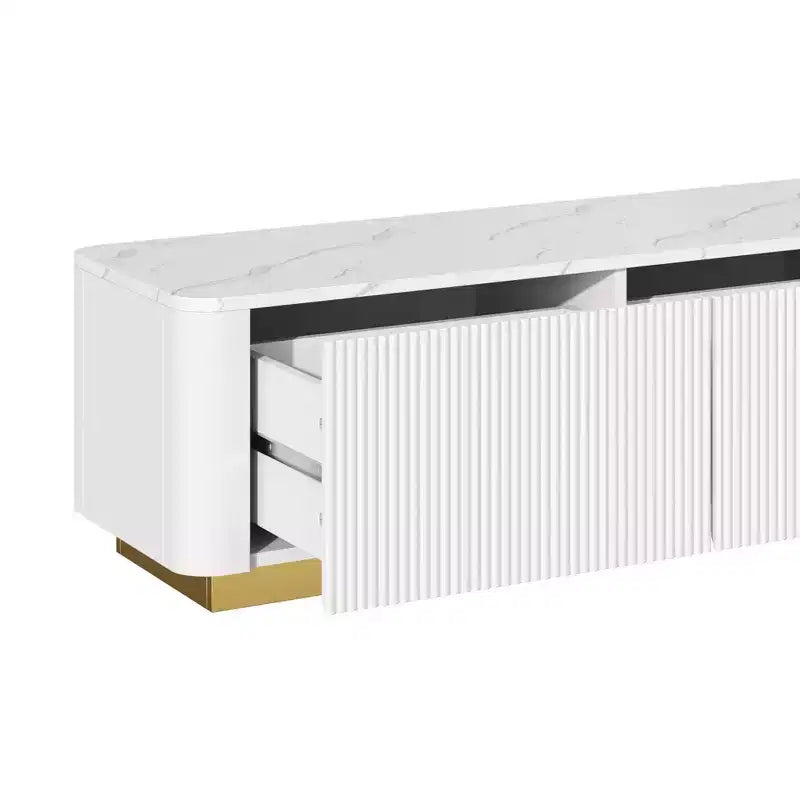 Mobile TV scanalato bianco/nero con base dorata, console multimediale a 4 cassetti, adatto per TV fino a 85"
