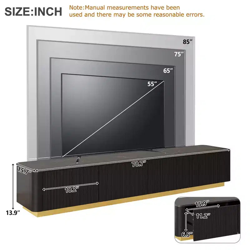 Mobile TV scanalato bianco/nero con base dorata, console multimediale a 4 cassetti, adatto per TV fino a 85"