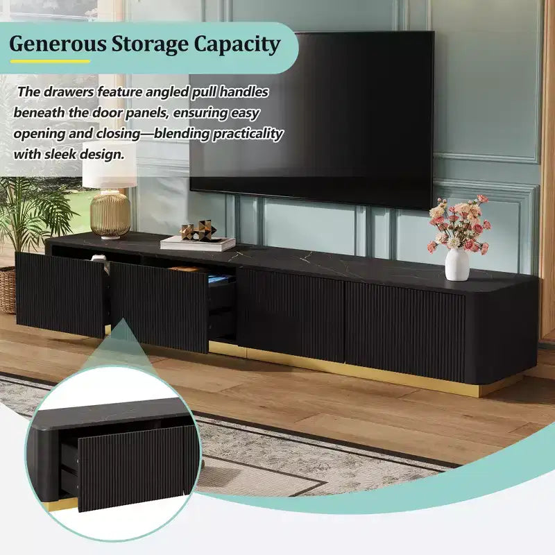 Mobile TV scanalato bianco/nero con base dorata, console multimediale a 4 cassetti, adatto per TV fino a 85"