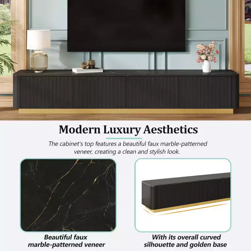 Mobile TV scanalato bianco/nero con base dorata, console multimediale a 4 cassetti, adatto per TV fino a 85"