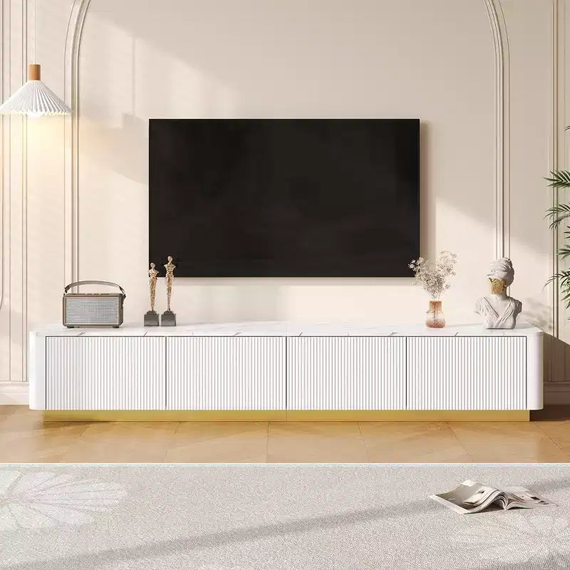 Mobile TV scanalato bianco/nero con base dorata, console multimediale a 4 cassetti, adatto per TV fino a 85"