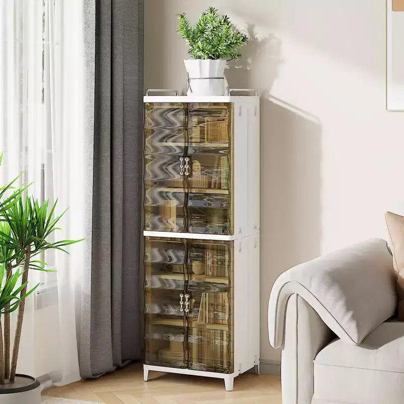VECELO 2/3-Tier Tall Narrow Storage Cabinet, Slim Bathroom Storage Organizer with Transparent Double Doors for Small Spaces, Tea Brown