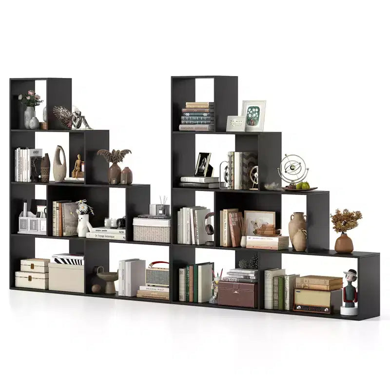 Costway 2PCS 4-Tier Bookshelf w/6 Storage Cubes 64 Tall Modern Geometric Stair Bookcase