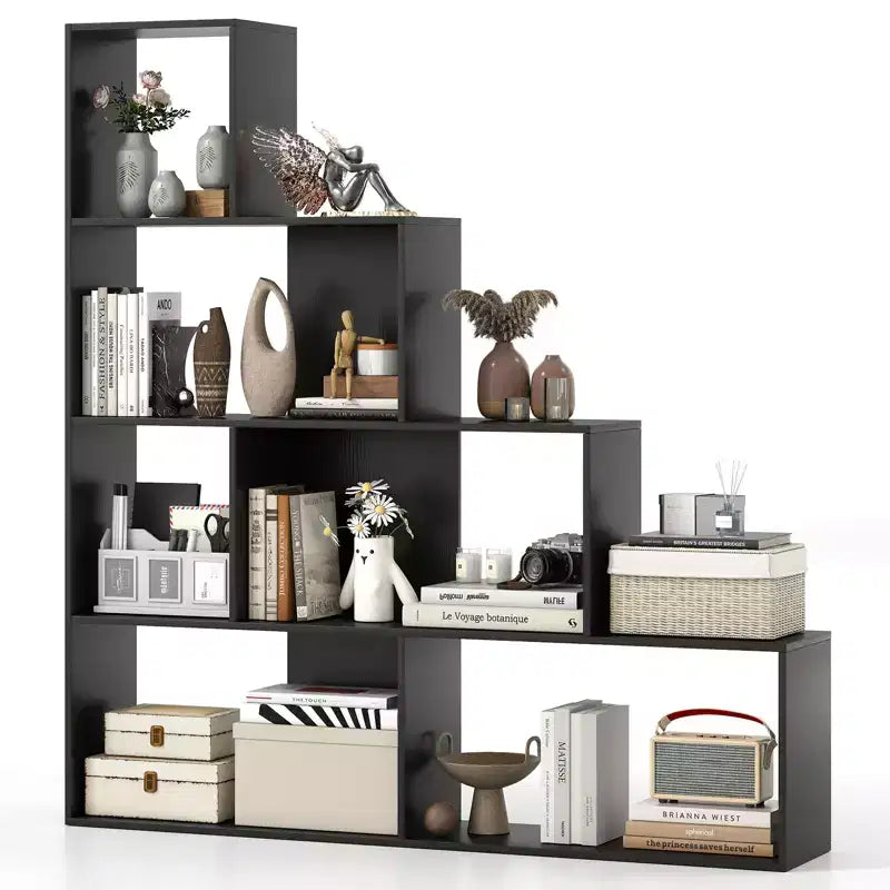 Libreria Nera a 4 Ripiani a Scala con 6 Cubi, Set da 2