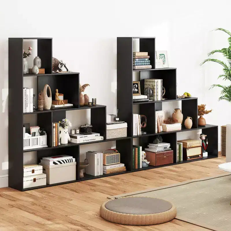 Libreria Nera a 4 Ripiani a Scala con 6 Cubi, Set da 2