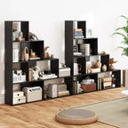 Libreria Nera a 4 Ripiani a Scala con 6 Cubi, Set da 2