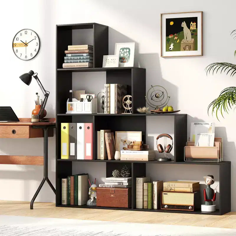 Libreria Nera a 4 Ripiani a Scala con 6 Cubi, Set da 2