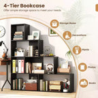Libreria Nera a 4 Ripiani a Scala con 6 Cubi, Set da 2