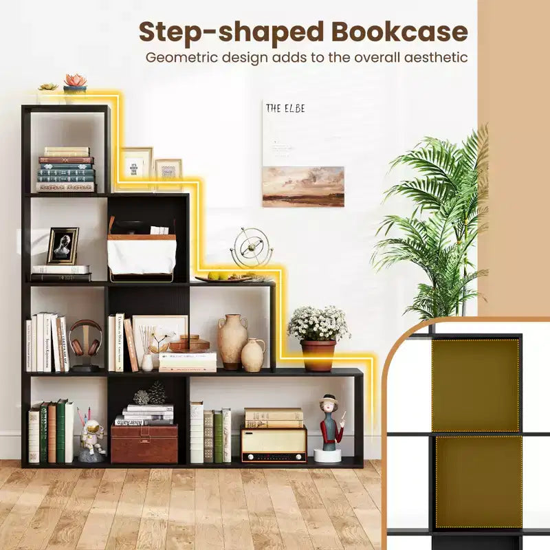Libreria Nera a 4 Ripiani a Scala con 6 Cubi, Set da 2