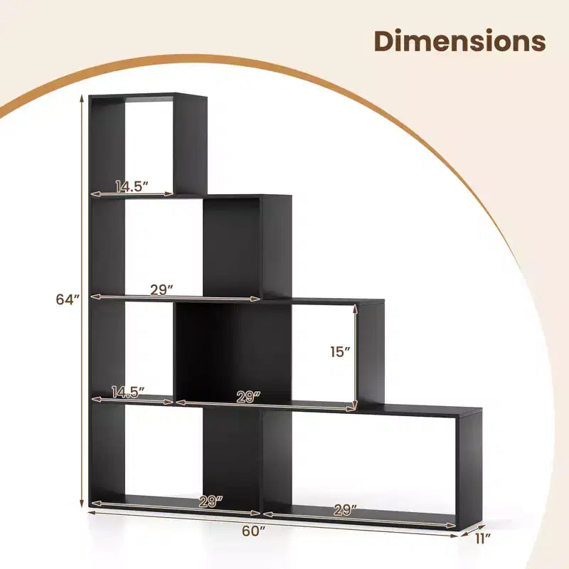 Libreria Nera a 4 Ripiani a Scala con 6 Cubi, Set da 2