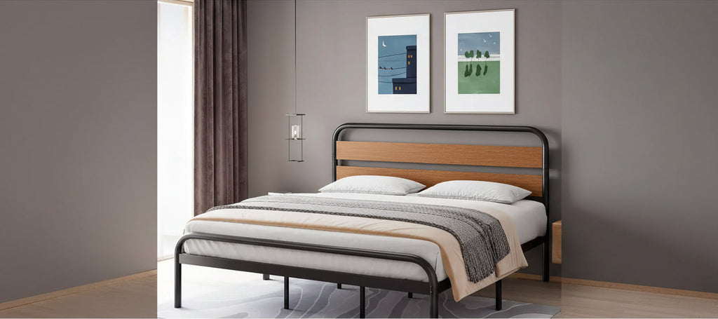 Mid-Century Modern King Bed Frame, Metal Platform with Wood Tone Headboard, No Box Spring Needed Quiet Design for Bedroom,Brown