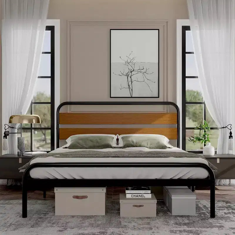Struttura letto King size, testiera in legno marrone, metallo, 2 persone