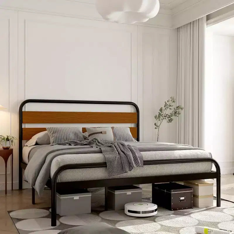Struttura letto King size, testiera in legno marrone, metallo, 2 persone