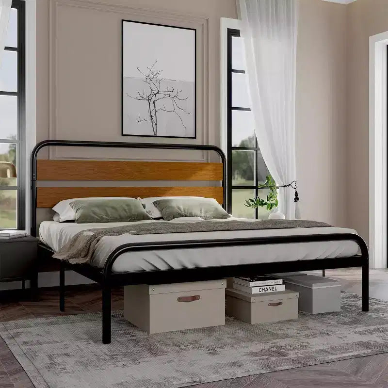Struttura letto King size, testiera in legno marrone, metallo, 2 persone