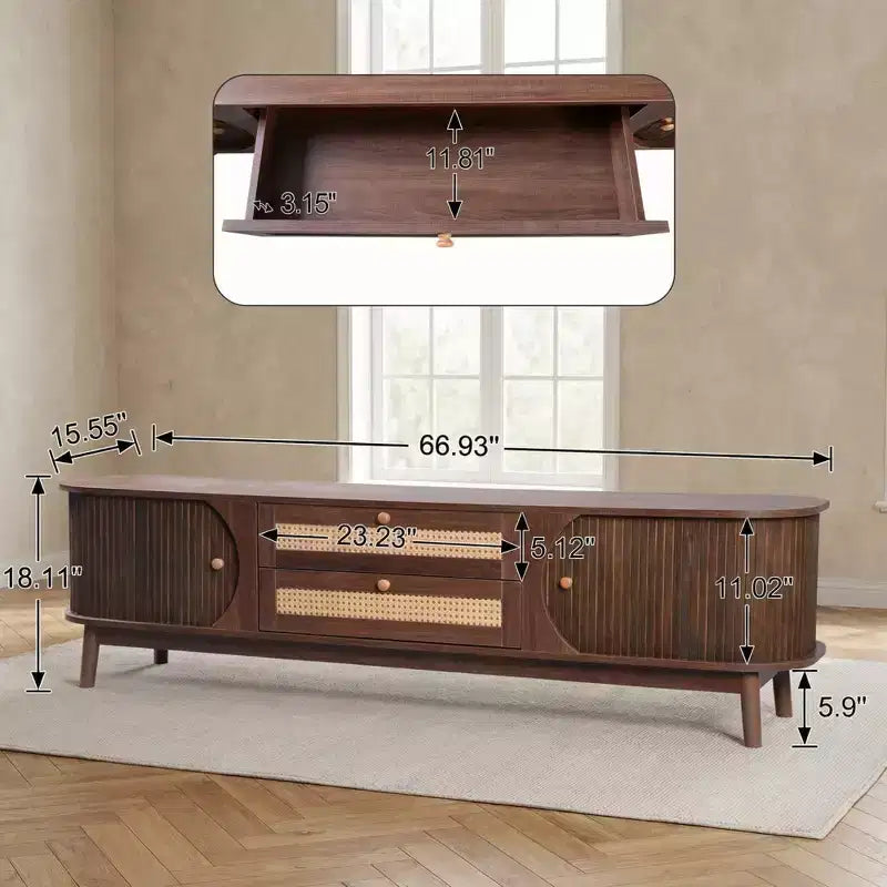 Mobile TV in Rattan Noce con Ante e Ripiani, per TV fino a 75"