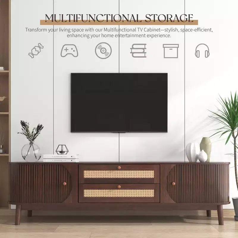 Mobile TV in Rattan Noce con Ante e Ripiani, per TV fino a 75"