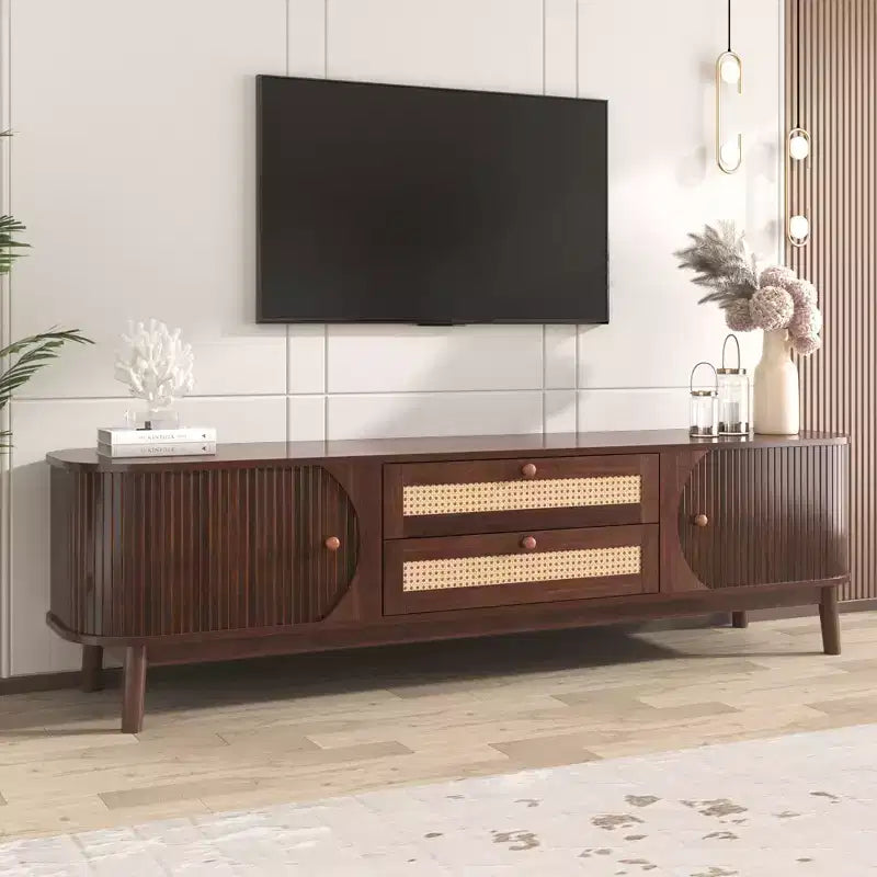 Mobile TV in Rattan Noce con Ante e Ripiani, per TV fino a 75"