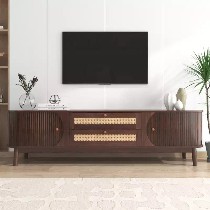 Mobile TV in Rattan Noce con Ante e Ripiani, per TV fino a 75"