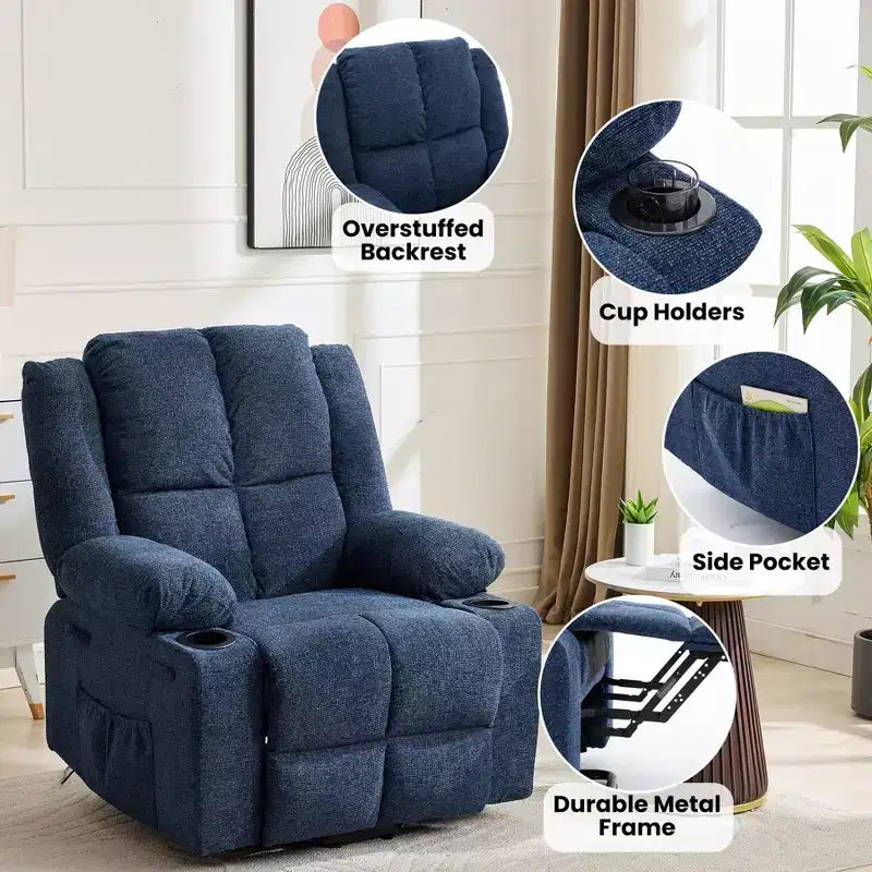 Poltrona reclinabile oversize con sollevamento elettrico, massaggio e calore, un posto, blu/marrone/blu scuro/verde