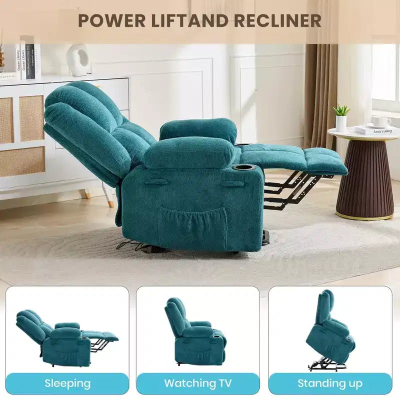 Poltrona reclinabile oversize con sollevamento elettrico, massaggio e calore, un posto, blu/marrone/blu scuro/verde
