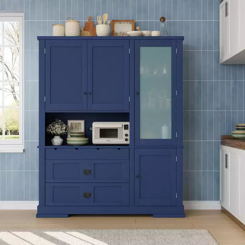 Mobile Dispensa da Cucina Autoportante da 160 cm con Cassetti e Ripiani Regolabili, Blu Navy/Bianco