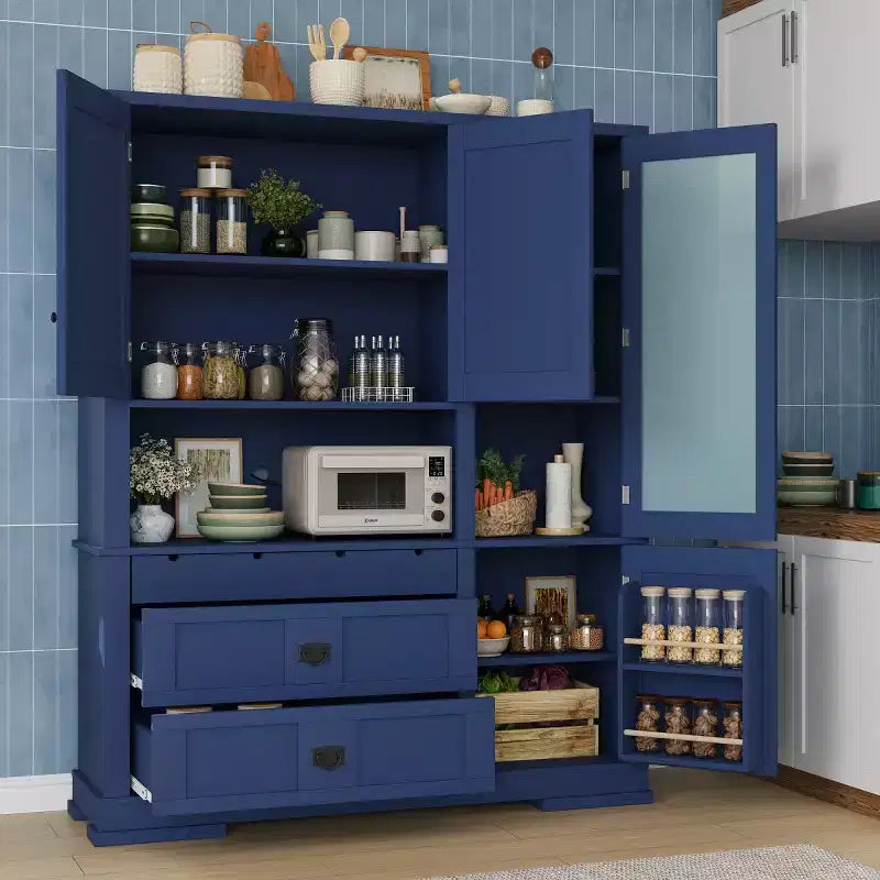 Mobile Dispensa da Cucina Autoportante da 160 cm con Cassetti e Ripiani Regolabili, Blu Navy/Bianco