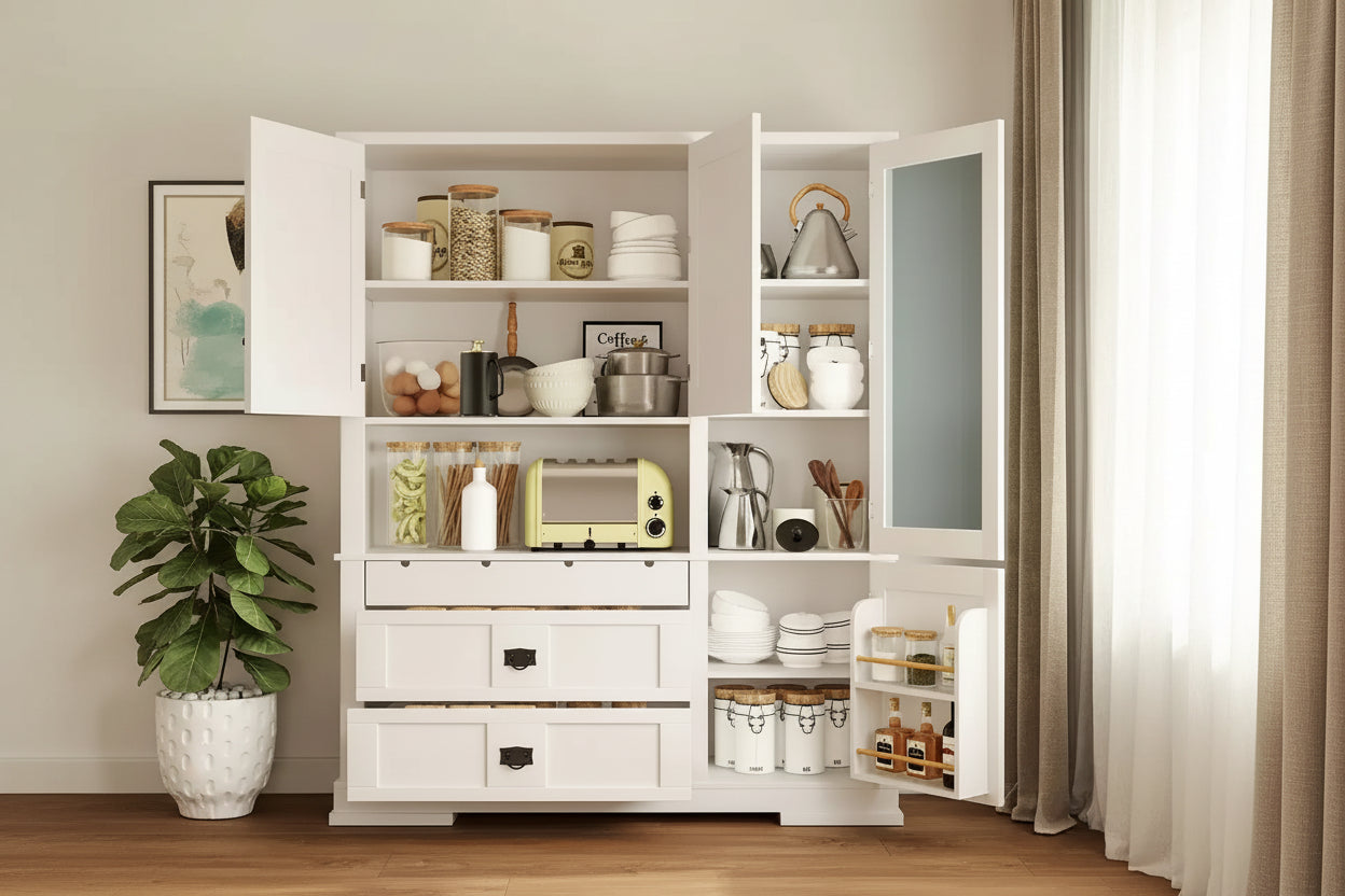 Mobile Dispensa da Cucina Autoportante da 160 cm con Cassetti e Ripiani Regolabili, Blu Navy/Bianco