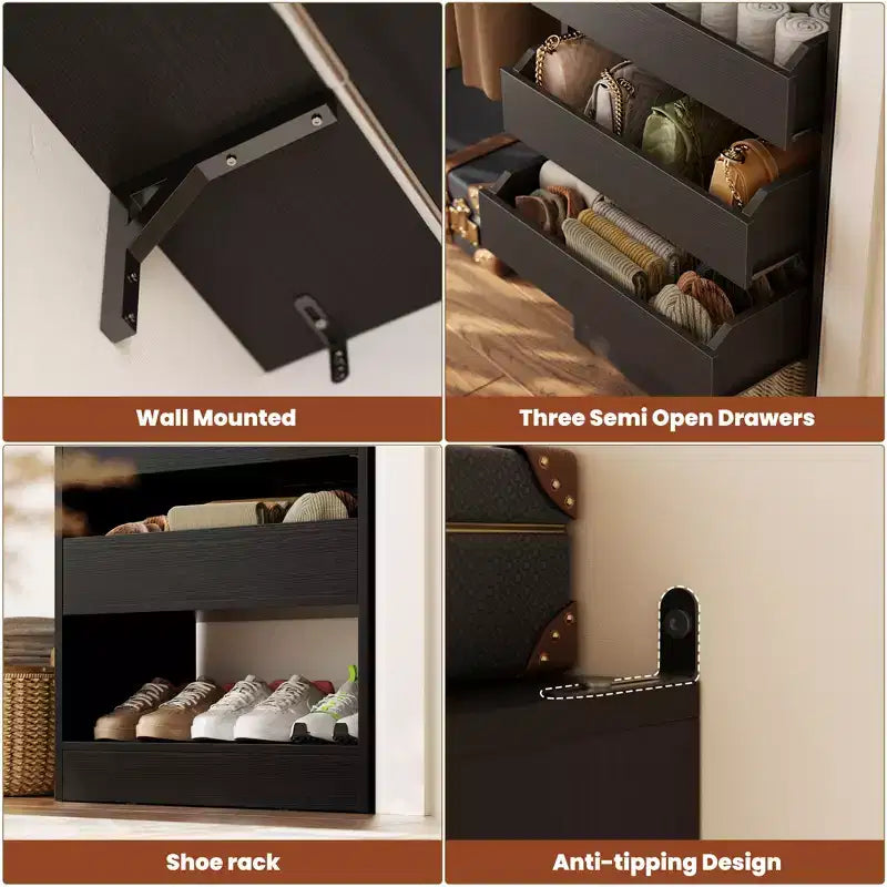 Sistema Armadio a 2 Ante e Cassetti in Legno, in Rovere Beige/Nero/Grigio/Bianco (Montaggio da 2 Persone)