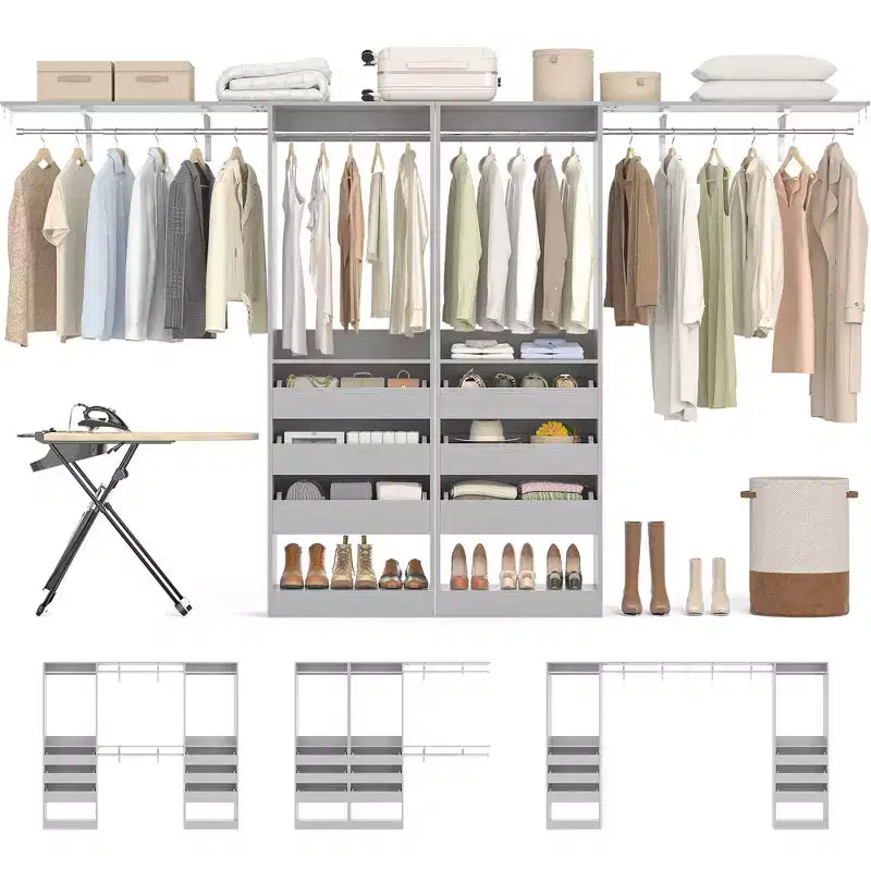 Sistema Armadio a 2 Ante e Cassetti in Legno, in Rovere Beige/Nero/Grigio/Bianco (Montaggio da 2 Persone)