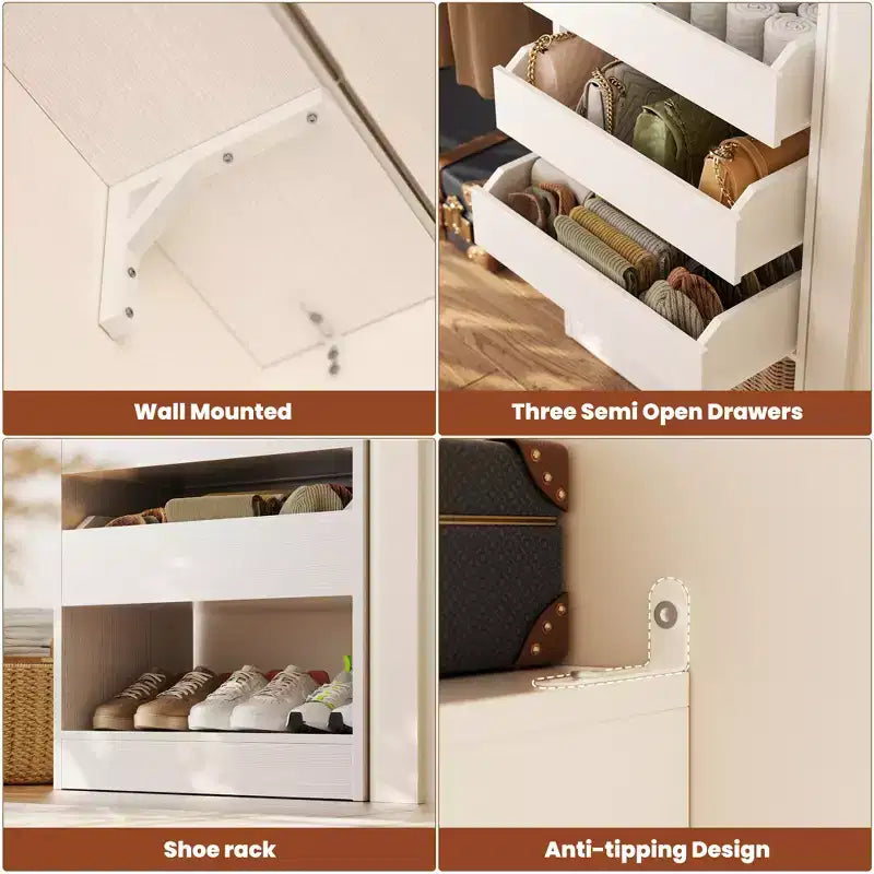 Sistema Armadio a 2 Ante e Cassetti in Legno, in Rovere Beige/Nero/Grigio/Bianco (Montaggio da 2 Persone)